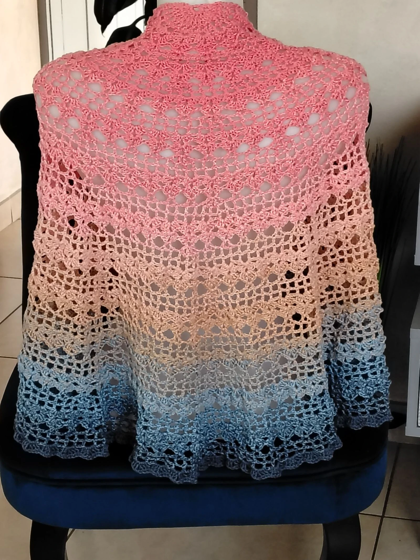 Handmade Half-Moon Large Scarf — Powder Pink, Beige & Jeans Blue Gradient – photo 4